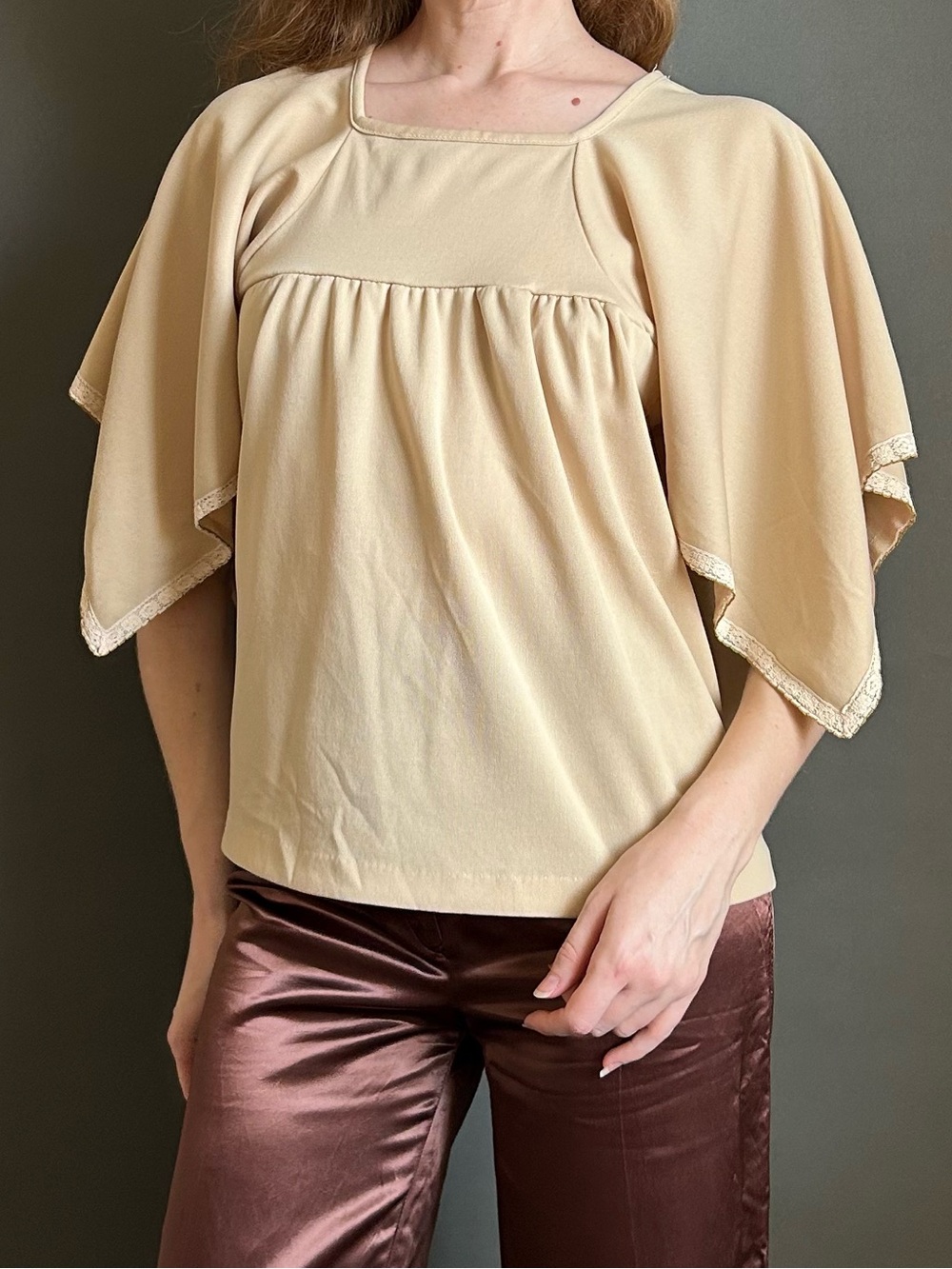 Vintage 1970s Flutter Sleeve Tunic Top, Boho Knit Festival Blouse, Small